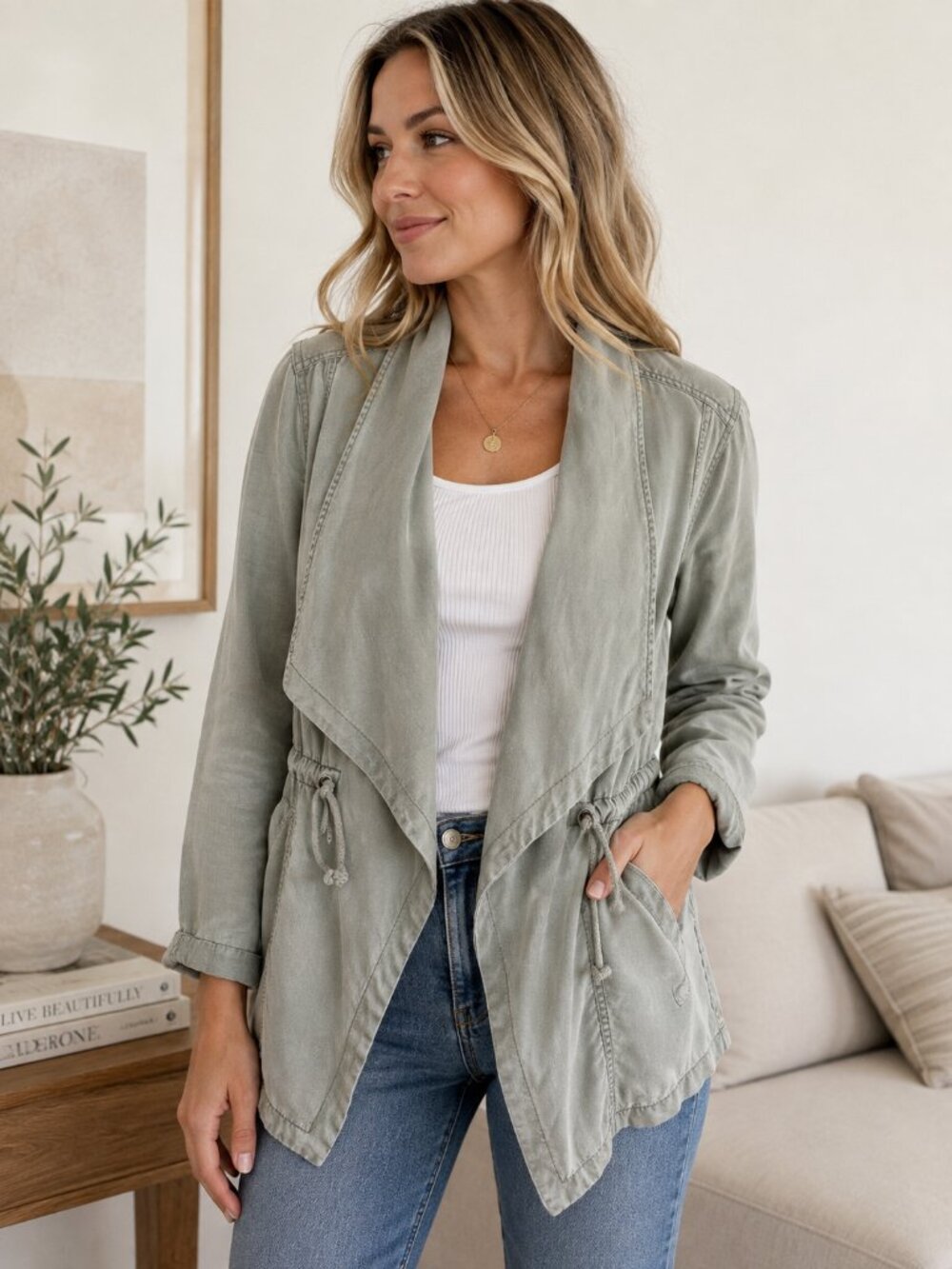 Max Jeans Women’s Large Sage Green Tencel Draped Utility Jacket